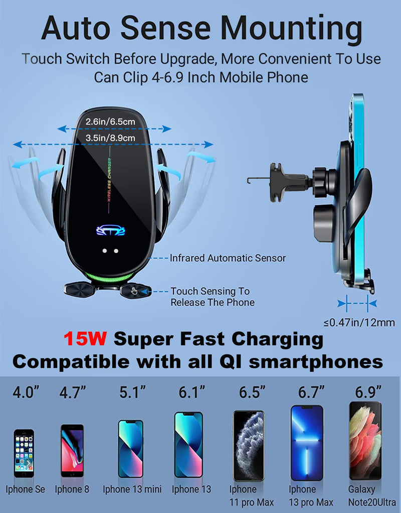 Wireless Car Charger Mount, Fast Charging Auto Clamping 15W Intelligent Dual Control Induction Car Phone Holder Mount Wireless Charging Compatible with All iPhone Android Smartphone