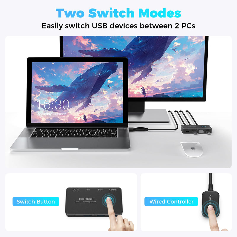 RSHTECH USB 3.0/USB C Switch 2 Computers Share 4 USB Devices, RSH-A201R | USB Switcher Selector with 4 USB 3.0 Data Ports(3 USB-A+1 USB-C), 2 Cables and Controller for Keyboard, Mouse and Printer Black 4 Ports USB Switch