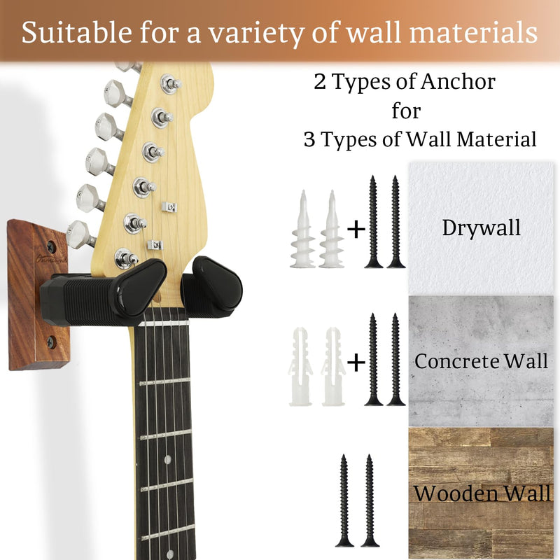 Guitar Wall Mount, Auto Lock Black Walnut Wood Guitar Hanger, Guitar Wall Hangers, Guitar Holder Hook Wall Stand for Classical, Acoustic, Electric Guitar, Bass, Gift for Guitar Player Balck Walnut Wood