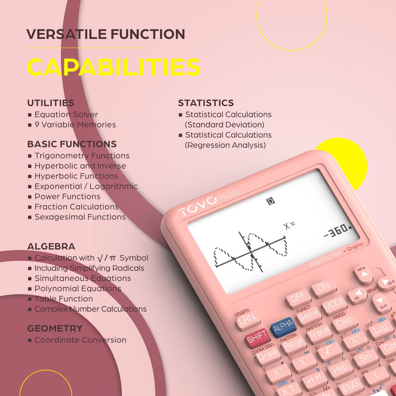 TOVO Scientific Calculator with Graphic Functions, 360+ Functions Graphing Calculator for Students, Large 3" Screen Multi-Mode Scientific Calculators for High School & College, TS-259 Pink