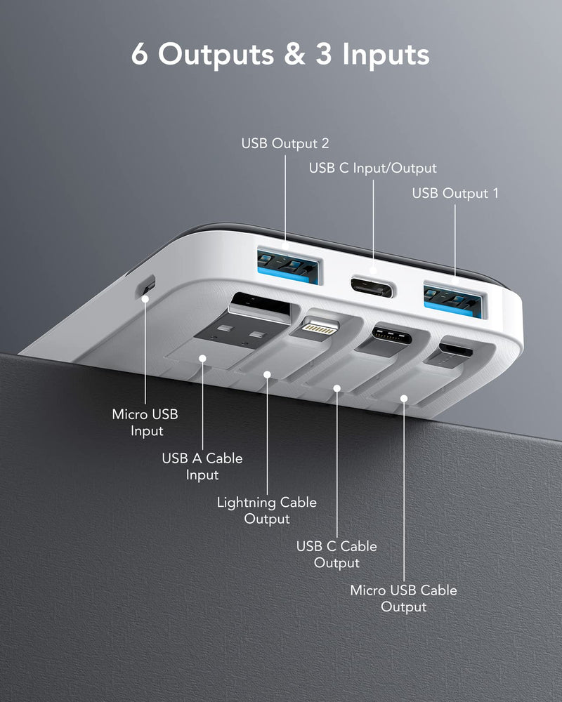 Portable Charger with Built in Cables, Portable Charger with Cords Wires Slim 10000mAh Travel Battery Pack 6 Outputs 3 Inputs 3A Fast Charging Power Bank for Samsung Google Pixel LG Moto iPhone iPad White