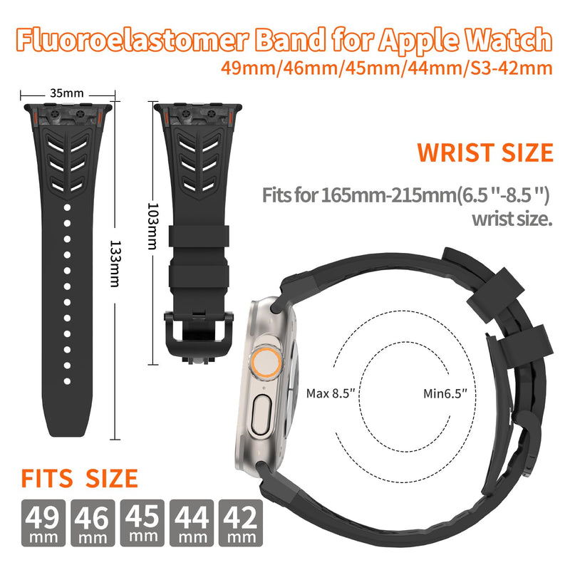 Band for Apple Watch 46mm 49mm 45mm 44mm Carbon Fiber Inlay Fluoroelastomer (FKM) Sport Wristband Sweat-proof Strap for Men's iWatch Series 11/10 9 Ultra 3/2/1 SE 8 7 6 5 4 3 2 1 Band 42mm (Black) Black