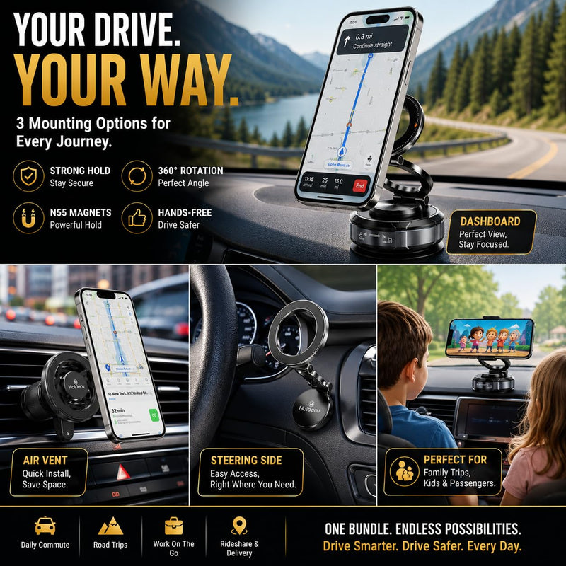 Magnetic Phone Holder for Car, 3-in-1 Magnetic Car Phone Mount for MagSafe with Dashboard, Air Vent & Steering Wheel Mounts, N55 Strong Magnet, Hands-Free Holder for iPhone 12-17 & MagSafe Cases