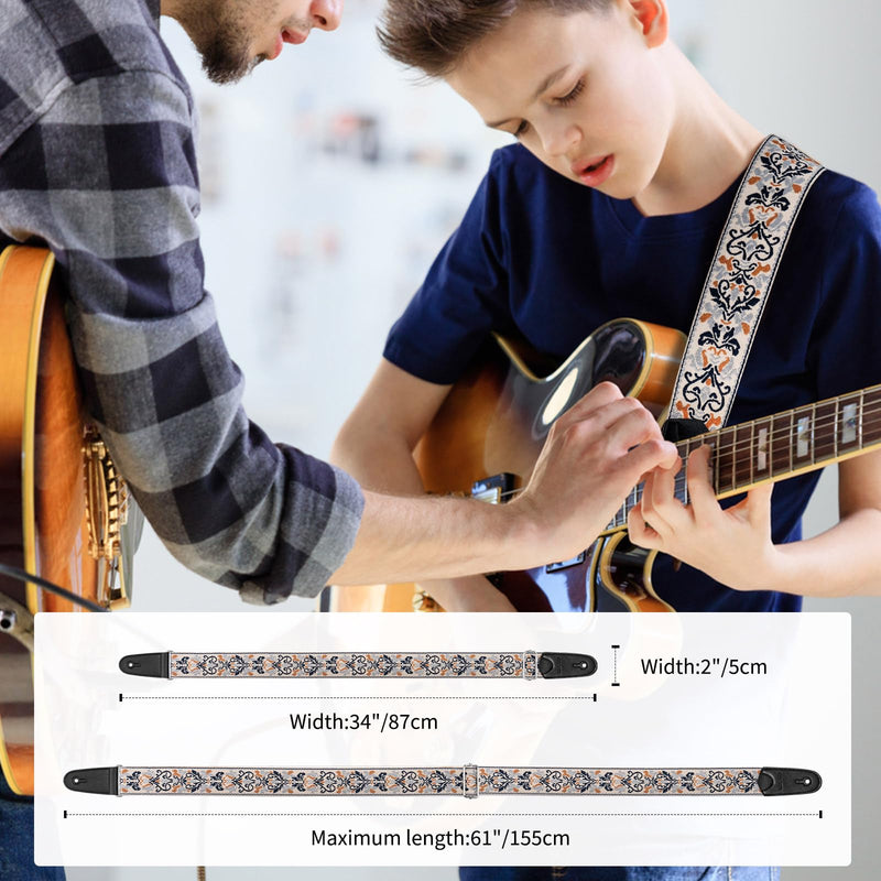 LEKATO Guitar Strap for Electric Bass Acoustic Guitar, Floral Jacquard Embroidery 2? Wide Guitar Straps Bass Strap Padded Guitar Straps with Picks & Blocks (Blue Flower White)
