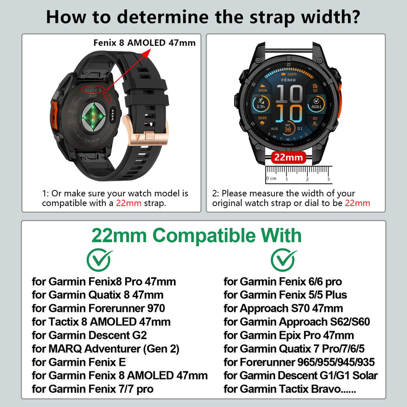 22mm Bands Compatible with Garmin Fenix 8 Pro Tactix 8 AMOLED 47mm/Fenix 7/7 pro/6/6 pro/5/5 plus,Silicone Quickfit Watchband for Descent G2/G1 Solar/quatix 8 47mm/Forerunner 970/965/955/945 3pack3
