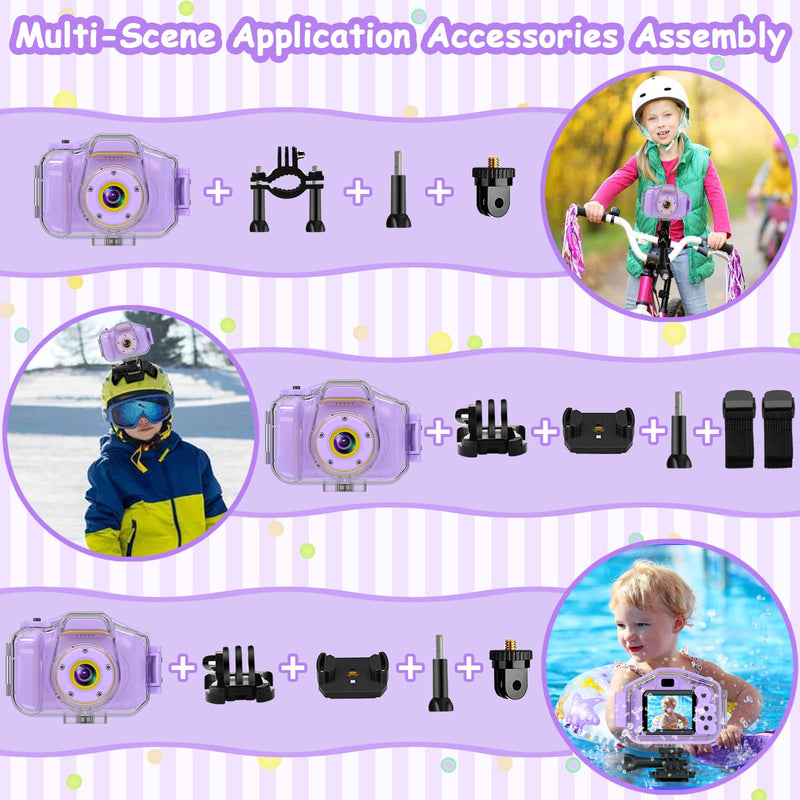 Kids Waterproof Camera, Christmas Birthday Gifts for Boys Girls Toys 3-12 Year Old, Underwater Mini Children HD Digital Action Camcorder, 2 Inch IPS Screen with 32GB Card (Lavender) Lavender