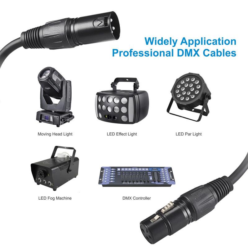 10ft/3.04m DMX Cable, 4 Pack, 3.04m DMX Cables, 3 Pin XLR Male to Female, Shielded, Soft PVC Sheath, Sturdy Metal Connector, Ideal for Stage & DJ Lighting