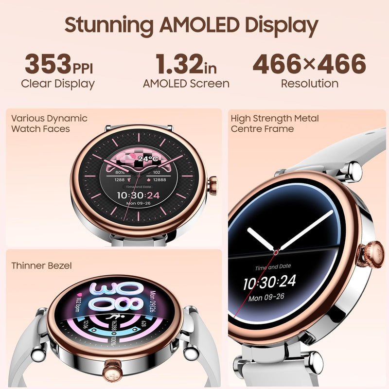 TOZO S8 AMOLED Smart Watch for Women, 1.32" HD Color Screen, NC9 Hybrid Active Noise Cancelling Wireless Earbuds, 6 Mics ENC Clear Call, IPX8 Waterproof