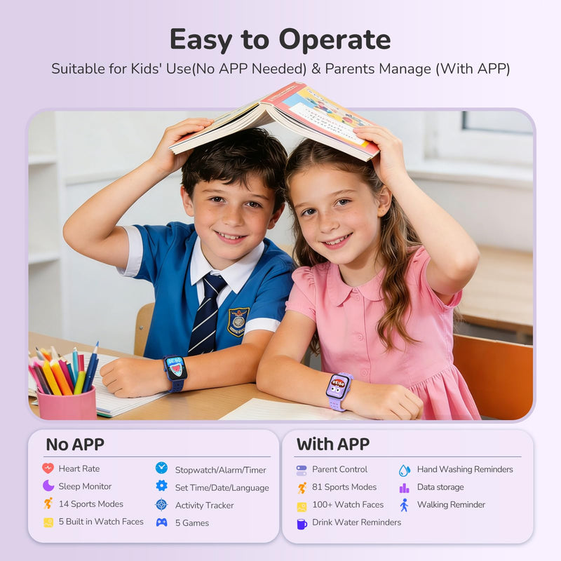 ENOMIR Kids Smart Watch for Girls, Health Monitor,Pedometer Watch for Kids | Smart Watch for Kids with Puzzle Games, Sleep/Heart Rate//SpO2 Monitor, Activities Track,Alarm Reminders,Gifts for Girls 5-16 Purple 2 Straps