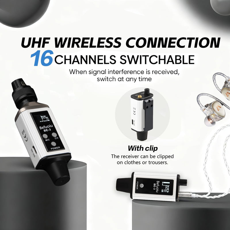 UHF Wireless In Ear Monitor System with Pro Earphone, Metal Wireless IEM System, 16 Adjustable Channel, Portable Rechargeable Transmitter and bodypack Receiver for Studio, Band, Live Performance White