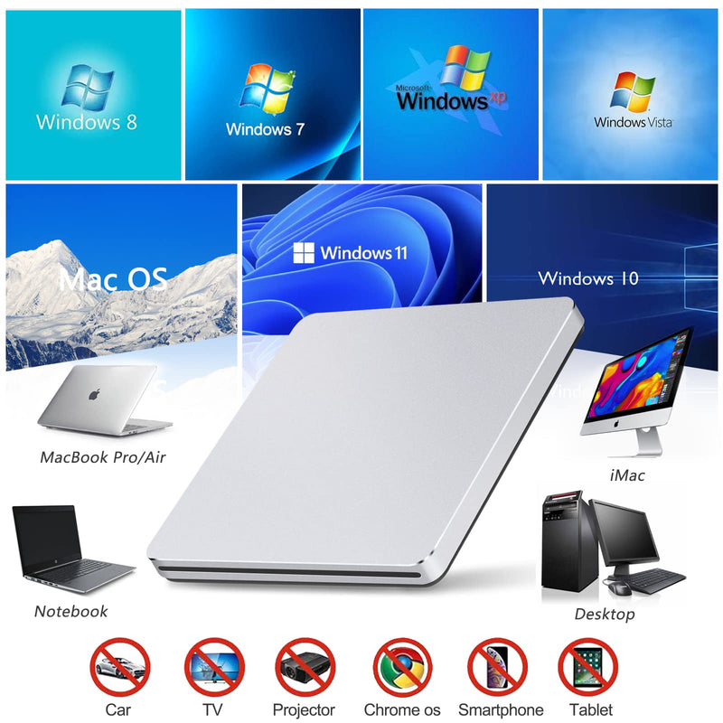 Guamar USB Superdrive for Apple Mac: Slim CD Burner Reader Aluminum Silver | Slot-in Portable DVD Player for MacBook Air/Pro/Neo,External CD/DVD Drive for Laptop PC Windows,USB C Adapter,Plug & Play Matte Silver