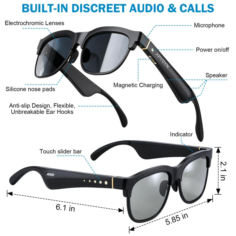 Smart Bluetooth Sunglasses, Manual Electrochromic Tint, Open-Ear Audio | Manual Multi-level Tint Control, Open-ear Stereo Sound, Bluetooth 5.4, Driving/Travel/Fishing, Unisex Gift