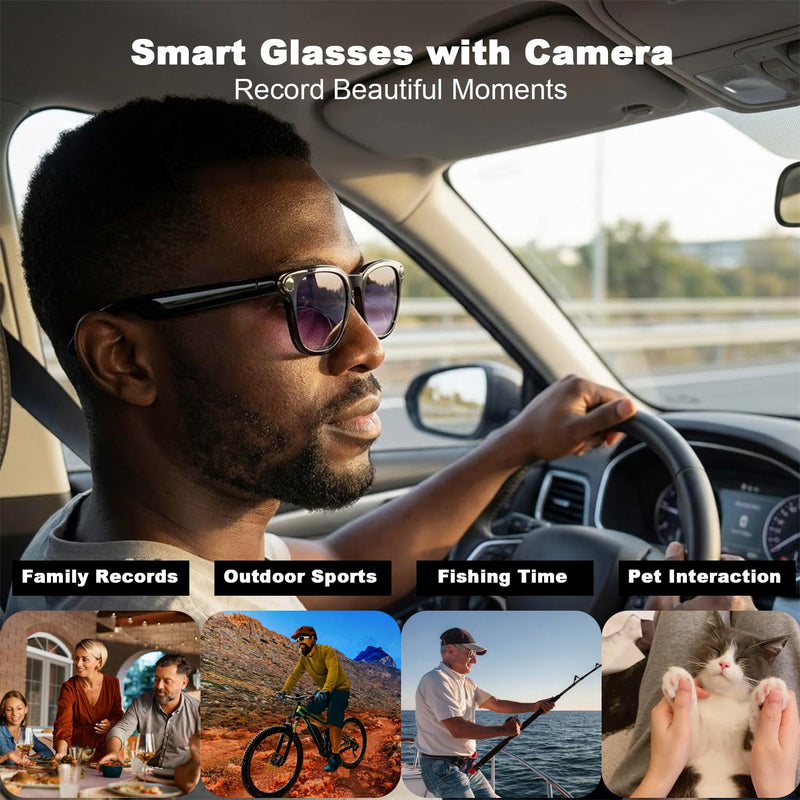 AI Smart Glasses with Camera, 8MP HD Bluetooth Camera Glasses for Women Men | 1080P Video Recording Sunglasses, Real Time Translation, Voice Assistant, Open Earbuds, Travel, Work, Vlog, (3 lenses) Piano black