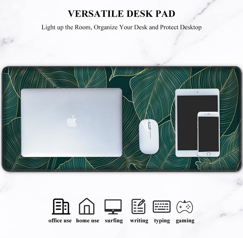 Auhoahsil Desk Pad, XL Extended Large Gaming Mouse Pad 31.5 x 11.8 Inch, Waterproof Mousepad with Stitched Edge, Non-Slip Computer Keyboard Laptop Mat for Women Men Office Work, Teal Tropical Leaves