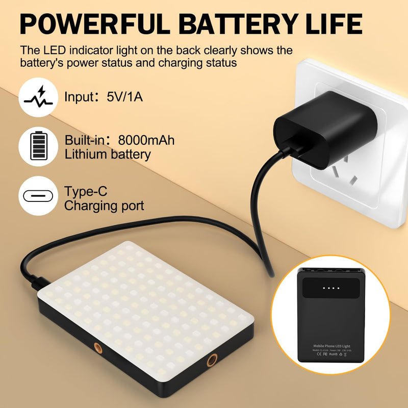 [AUSTRALIA] - Phone Light, 120 LED Selfie Light for iphone, 8000Mah Rechargeable Phone Light Clip Video Camera Light, Adjusted 3 Light Modes for Android, iPad, Laptop, for Makeup, TikTok, Vlog 