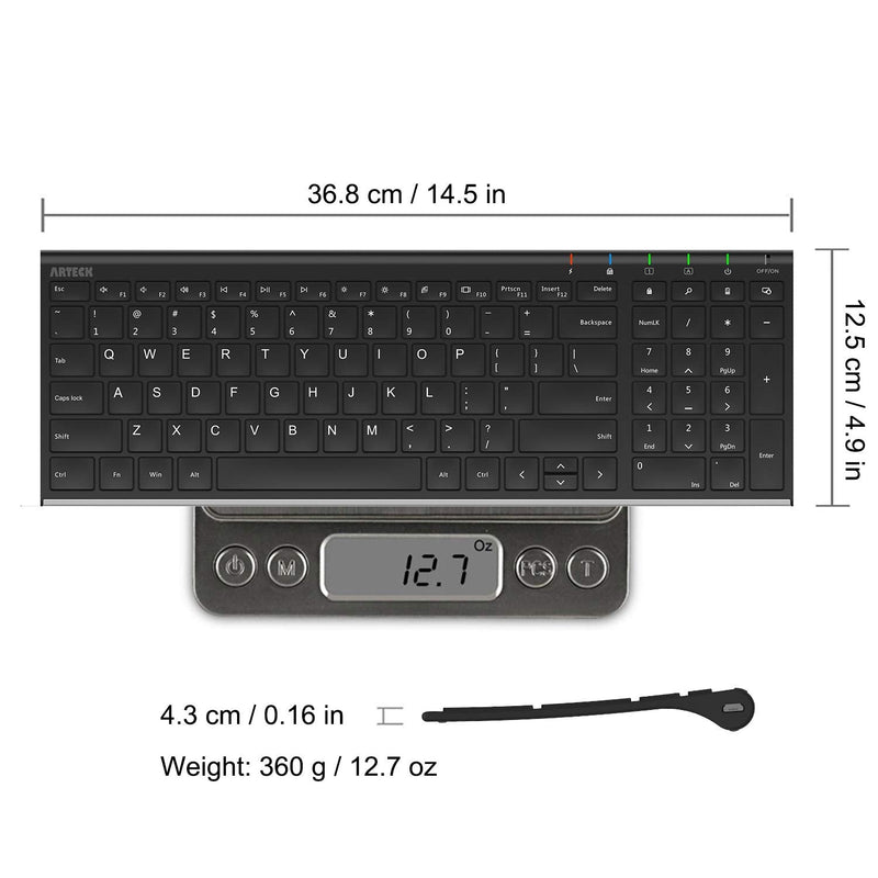 Arteck HW193 2.4G Wireless Keyboard Stainless Steel Ultra Slim Full Size Keyboard with Numeric Keypad for Computer/Desktop/PC/Laptop/Surface/Smart TV and Windows 11/10/8 Built in Rechargeable Battery