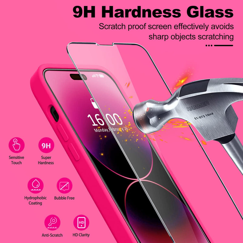 BossKiss Compatible with iPhone 14 Pro Max Case 6.7 inch, Premium Liquid Silicone Case [Velvety Touch] [2 Pcs 9H Tempered Glass Screen Protector], Camera All-Round Protection Case, Hot Pink iPhone 14 Pro Max 6.7inch
