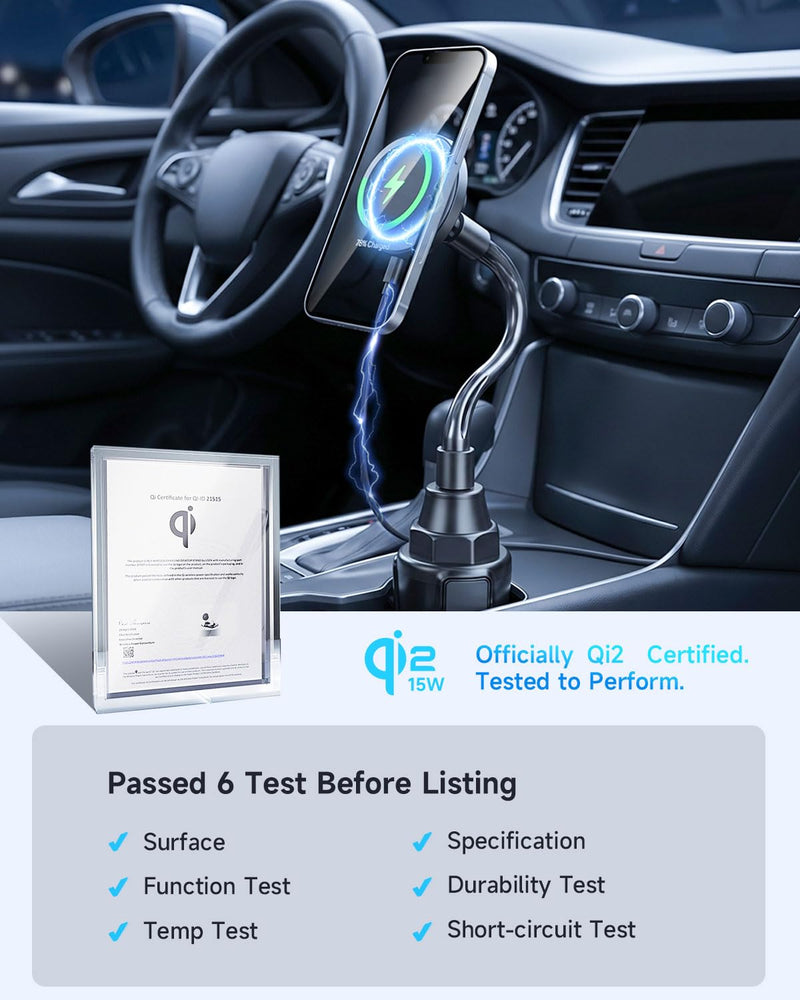Upgraded Qi2 15W for Magnetic Cup Holder Charger, [More Stable & Faster Charging] Magnetic Car Mount Charger 15W Fast Charging with Adjustable Gooseneck for iPhone 17 Pro Max Air 16-12 Series