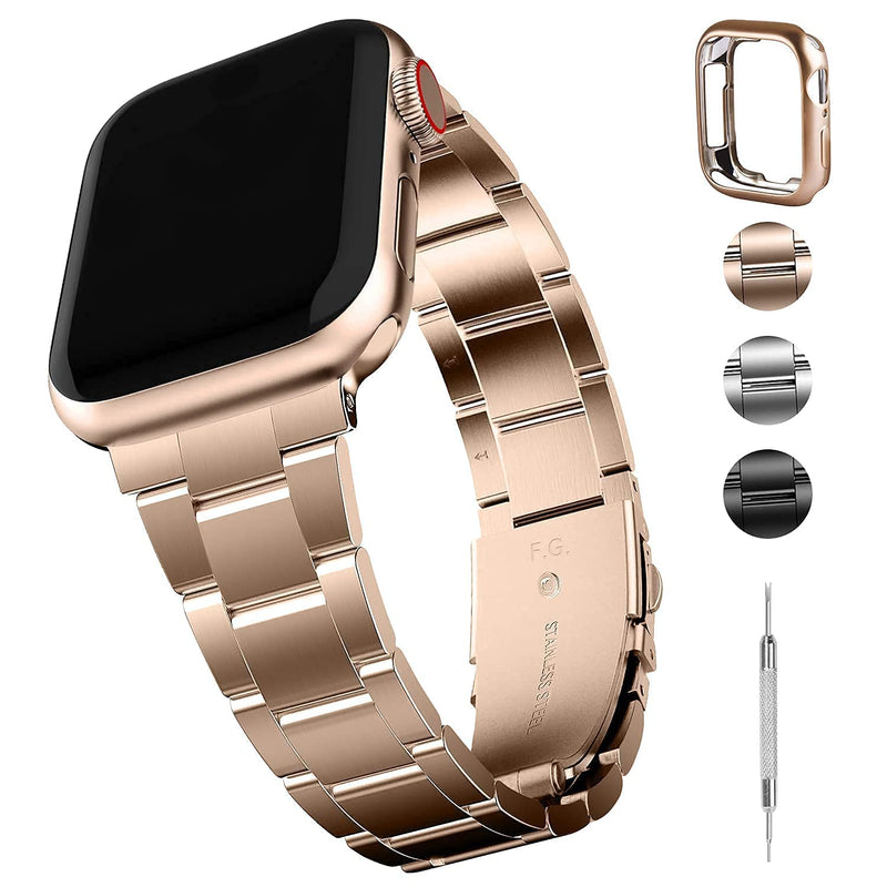 Fullmosa Compatible Apple Watch Band Leather Black 42mm 44mm 45mm with Rose Gold Buckle& Compatible Upgraded Version Stainless Steel iWatch Band/Strap with Case 42mm 44mm 45mm Rose Gold