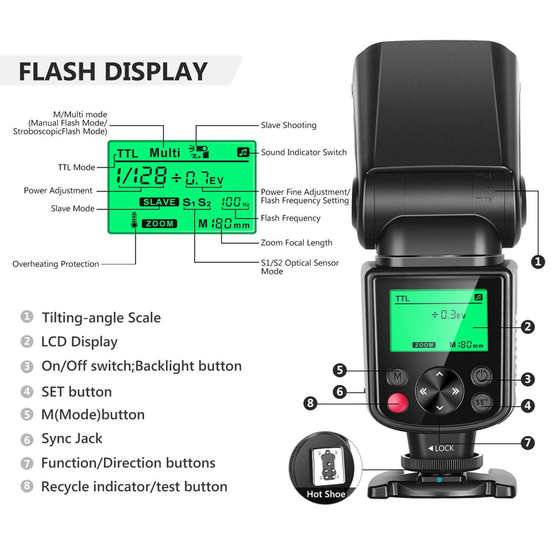 Neewer NW-670 TTL Flash Speedlite with LCD Display for Canon 7D Mark II, 5D Mark II III, IV,1300D, 1200D, 1100D, 750D, 700D, 650D, 600D, 550D, 500D, 100D, 80D, 70D, 60D and Other Canon DSLR Cameras