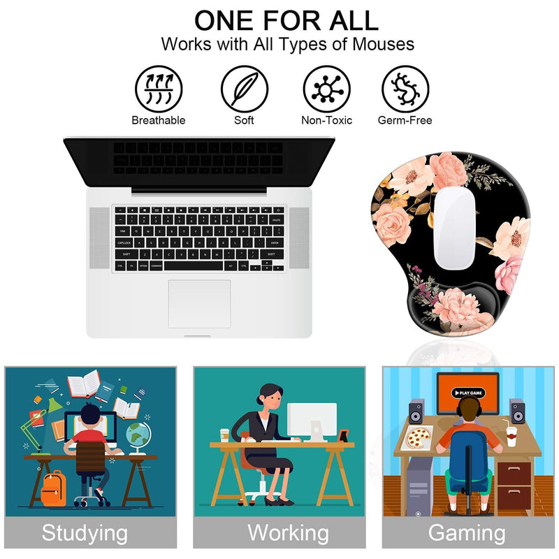 Ergonomic Mouse Pad with Gel Wrist Rest Support, HOMKUMY Cute Mouse Pads with Non-Slip Rubber Base Wrist Rest Pad for Home, Office & Travel Easy Typing & Pain Relief, Peony Black