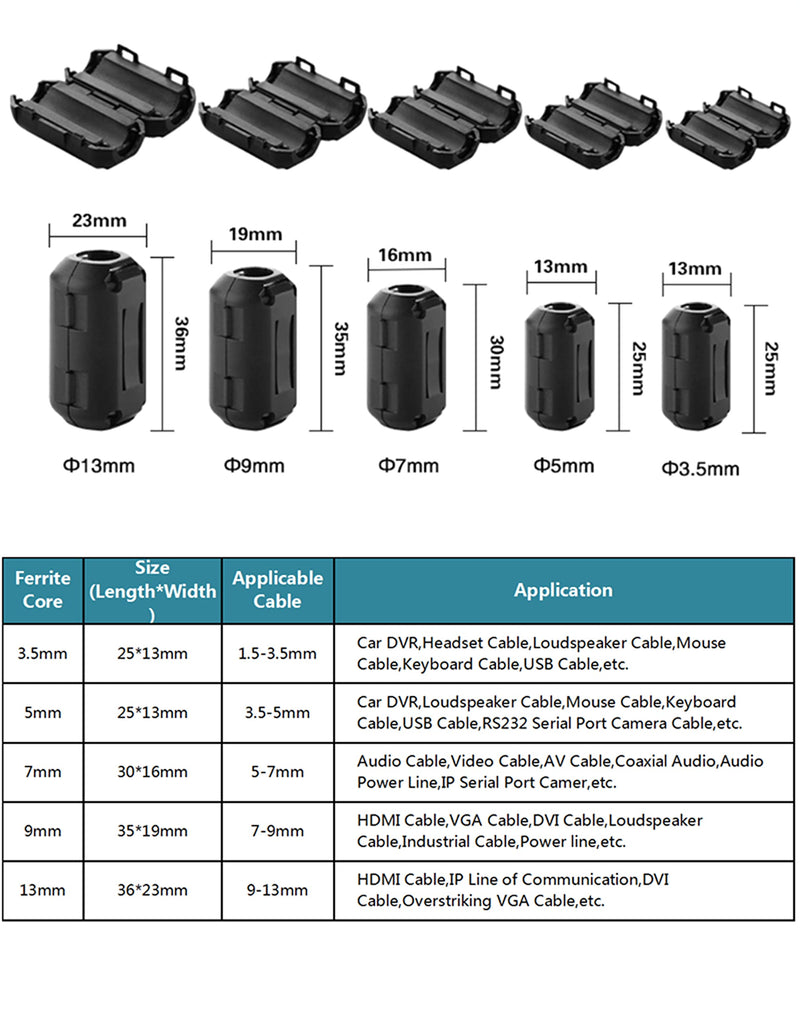 Ferrite Ring Core Ferrite Beads Clip RFI EMI Noise Suppressor Anti-Interference Cable Clip for 3.5mm/ 5mm/ 7mm/ 9mm/ 13mm Diameter Cable, Black (20) 20