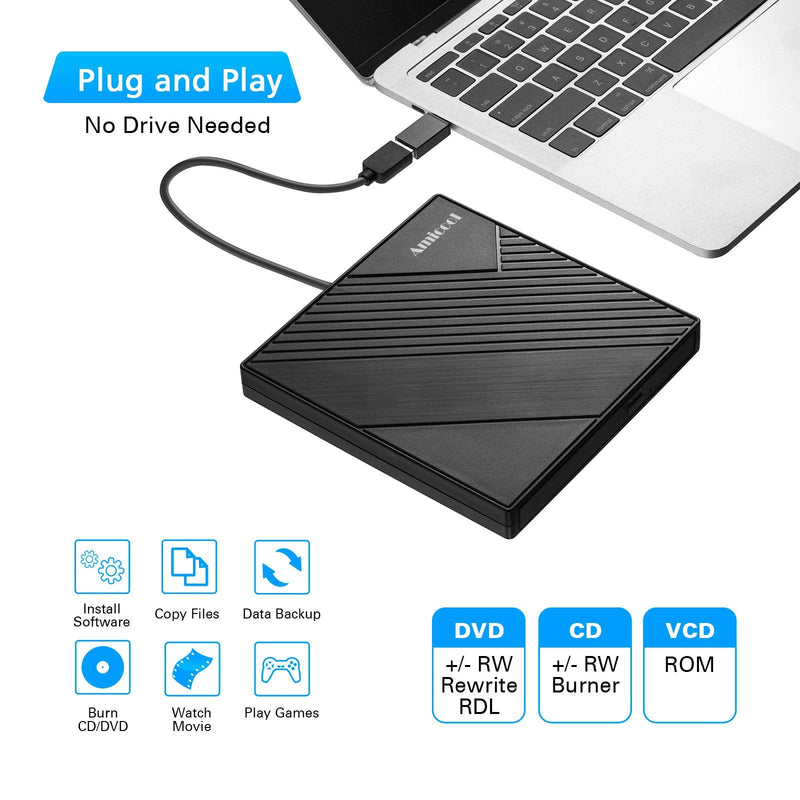 Amicool External DVD Drive USB 3.0 USB C CD Burner CD/DVD +/-RW Optical Drive, Slim Portable DVD Player CD ROM Rewriter Writer Reader for Laptop Desktop PC Windows 11/10/8/7 MacBook Mac Linux OS Apple Standard