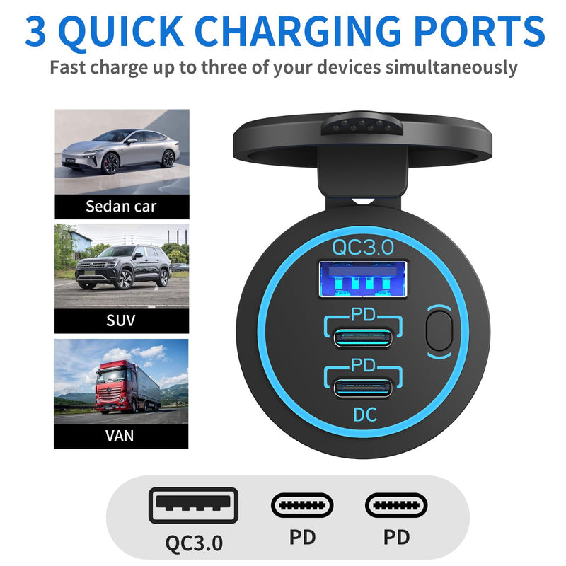 2 Pack USB C Car Charger Socket 12V USB Outlet, 78W Dual 30W PD and 18W QC3.0 Multi Port Cylinder Charger with Button Switch Waterproof for Car Boat RV Marine Golf Cart Truck Bus Motor etc. 2 pack