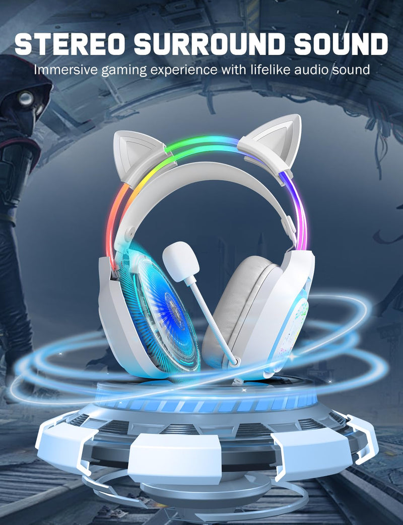 Gaming Headset with Microphone, RGB Lights, Detachable Cat Ear, Lightweight Over-Ear Headphones with Adjustable Headband for PC, PS4, PS5, Mac, Switch, Surround Sound, in-Line Control, White