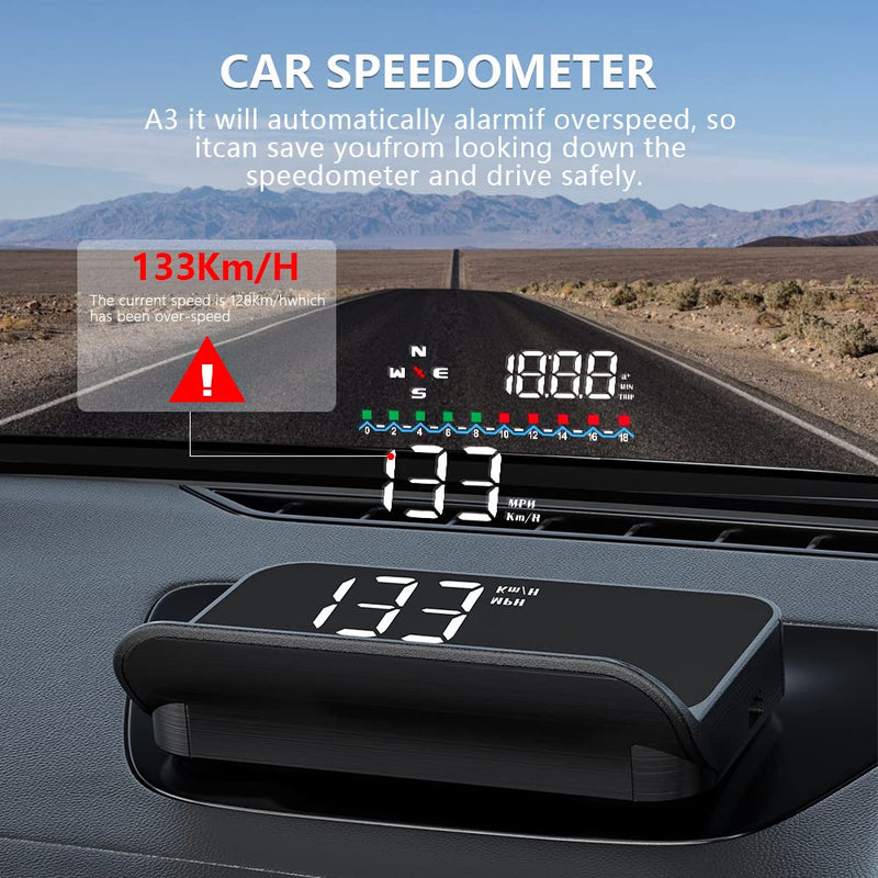 Heads Up Display with GPS Speedometer M19, Universal in-Car HUD with High Speed Warning, Fatigue Driving Alert, Voltage Alarm Speed, Driving Distance and Compass Direction