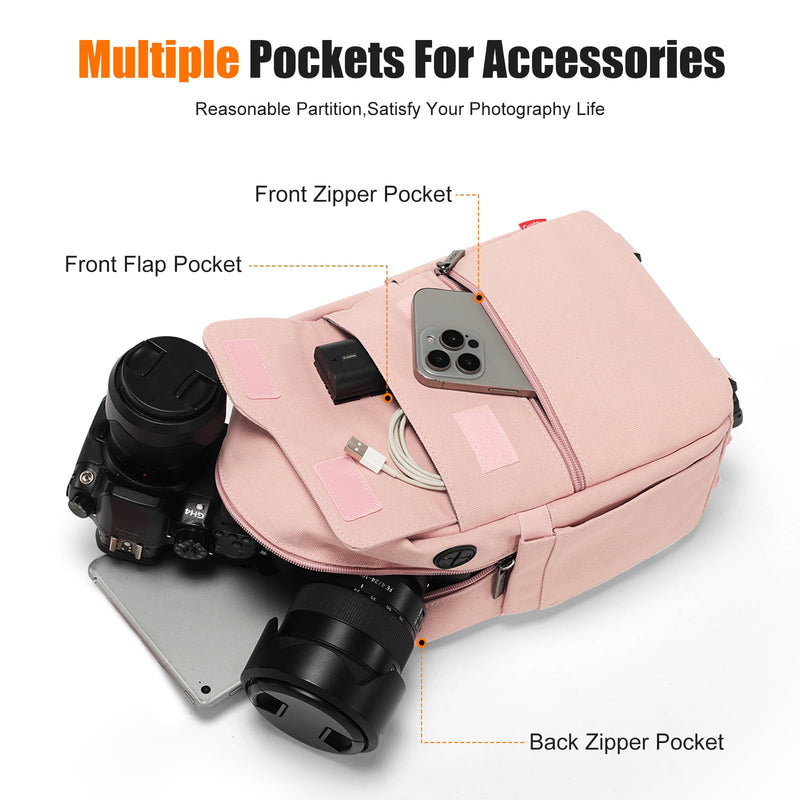 Cwatcun Large Canvas Sling Bag, Crossbody Chest Bag with Tripod Holder | Fits 1body +2lenses +9.7" iPad +6.7"phone.Waterresistant canvas with rain cover, tripod holder, adj strap 29.5-51.2". Pink