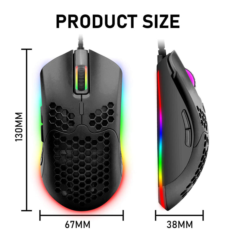 Lightweight Gaming Mouse,26 Kinds RGB Backlit Mice,PixArt 3325 12000 DPI Mouse,Ultralight Honeycomb Shell Ultraweave Cable Mouse and Anti-Key Can Be Set for PC Gamers and Xbox and PS4 Users(Black) Black RGB
