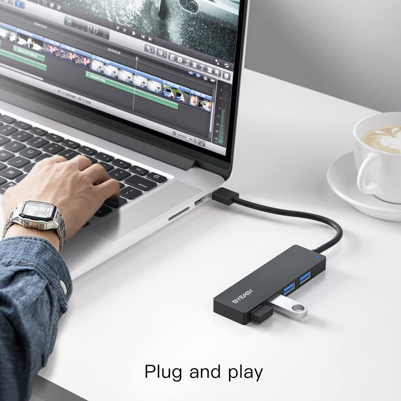 USB Hub, BYEASY 4 Port USB 3.0 Hub, Ultra Slim Portable Data Hub Applicable for iMac Pro, MacBook Air, Mac Mini/Pro, Surface Pro, Notebook PC, Laptop, USB Flash Drives, Tesla Model 3 and Mobile HDD 0.8 ft Black