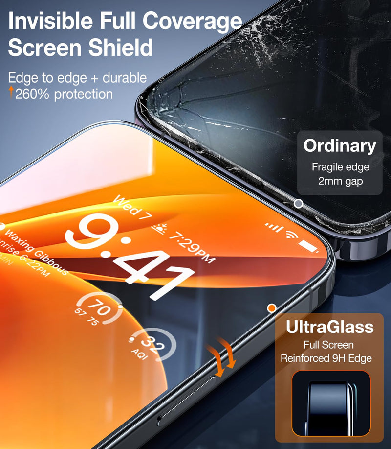UltraGlass Top 9H+ Glass for iPhone 15 Pro Screen Protector [Military Grade Shatterproof & Longest Durable] Screen Protector 15 Pro Tempered Glass Full Coverage, 2 Packs 2-iPhone 15 Pro