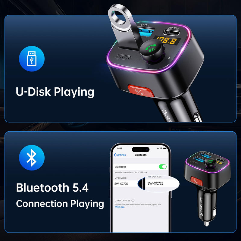 [AUSTRALIA] - Syncwire Bluetooth 5.4 FM Transmitter Car Adapter 48W (PD 36W & 12W) [Light Switch] [HiFi Bass Sound] [Fast Charging] Wireless Radio Music Adapter LED Display Hands-Free Calling Support USB Drive Black 