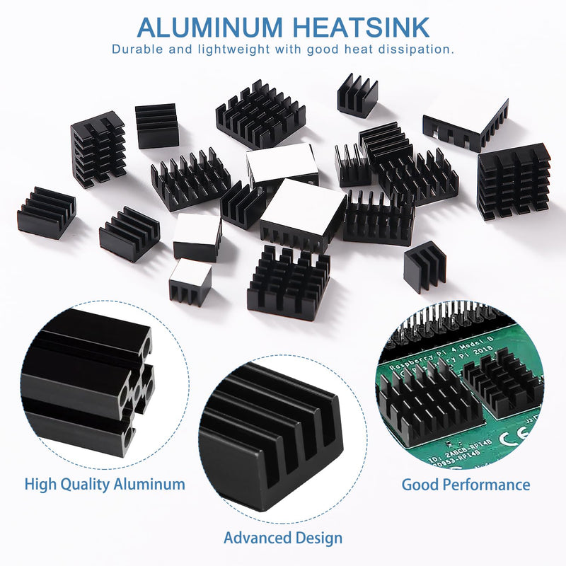 VooGenzek 20 Pieces Aluminium Heatsink Kit, Radiator Fin Heatsink, Heatsink, Cooler, with Heat-Conducting Special Adhesive Film, for Cooling Electronic Components, Black Black - Multiple Sizes - 20 Pieces