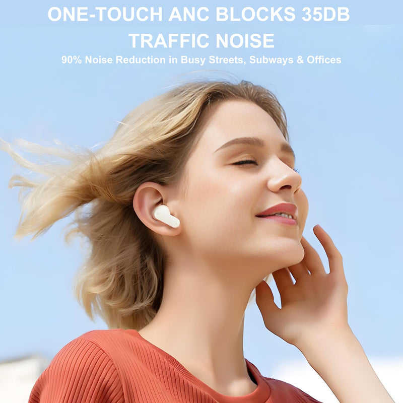TINGER in-Ear ANC Wireless Earbuds, 35dB Active Noise Canceling Bluetooth Headphones, 24H Playtime Hi-Fi Bass Earphones with IPX4 Waterproof, Built-in Mic for Travel Workout Beige