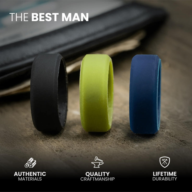 Manly Bands Silicone Rings: Flexible 8mm Beveled Bands for Men, Durable Comfort Fit Wedding Ring Alternative for Gym, Workouts, Outdoor Work & Active Lifestyle The OG 3-pack 12