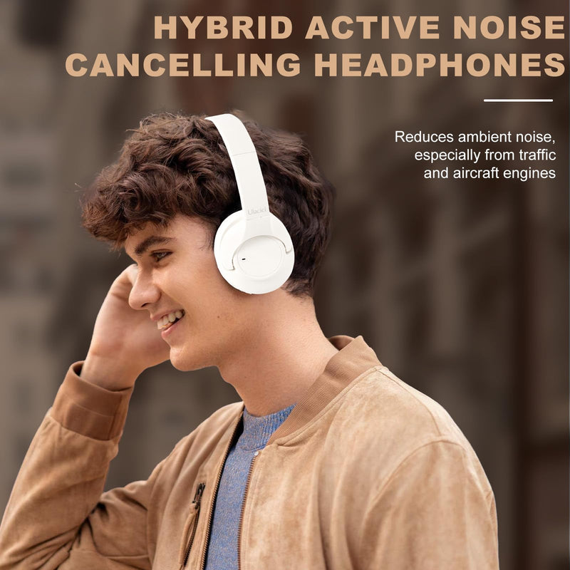 Active Noise Cancelling Headphones: Hybrid Bluetooth Headphones Over Ear with HiFi Audio - Wireless Headset 60H Playtime for Android Bluetooth Devices (White) White