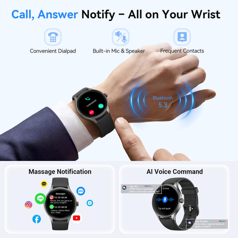 Smart Watches for Men/Women (2 Bands), 1.27“ Round Smartwatch Fitness Tracker with Bluetooth Calls (Make/Answer), Heart Rate/SpO2/Sleep Monitor, 12 Days Battery, IP68 Waterproof