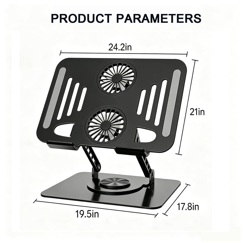 Laptop Stand with Cooling Fan, 360° Rotating Base Aluminum Laptop Riser, Foldable Ergonomic Computer Stand for Desk, Height Adjustable Notebook & All Laptops Up to 17.3" (Black) Black
