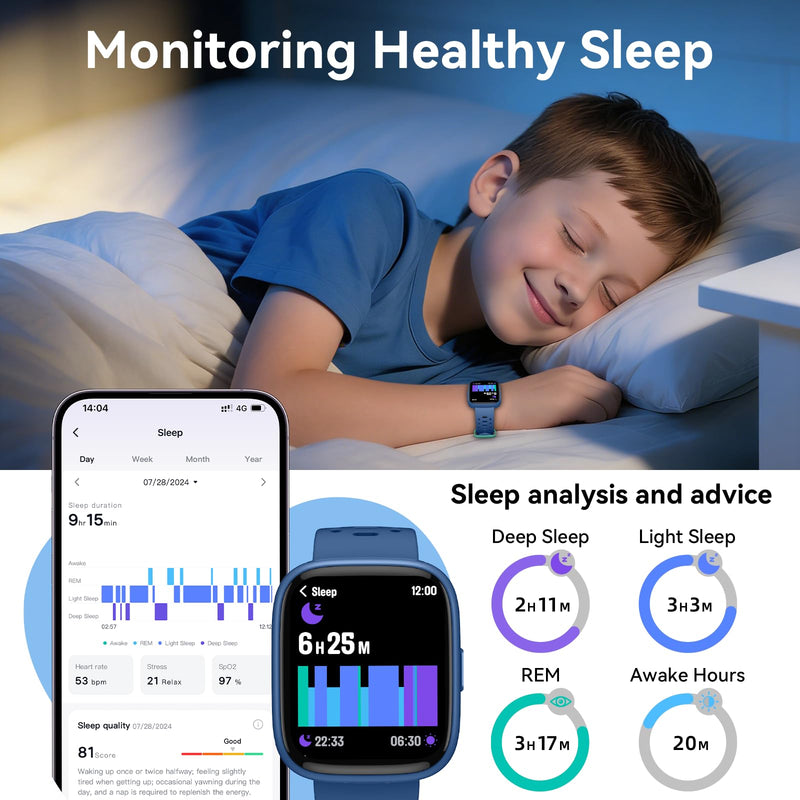 Smart Watch for Kids with Find My, 1.83" Fitness Tracker Watch No APP No Phone Needed, Pedometer, Heart Rate, Sleep Monitor, IP68, Puzzle Games for Girls Boys Teens 5-16, Gift, Blue