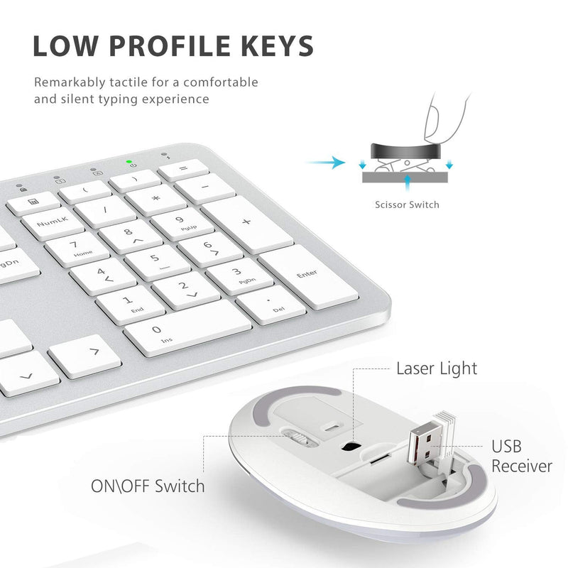 iClever GK08 Wireless Keyboard and Mouse - Rechargeable Keyboard Ergonomic Quiet Full Size Design with Number Pad, 2.4G Stable Connection Slim White Keyboard and Mouse for Windows Mac OS Computer Silver