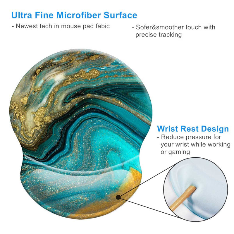 Ergonomic Design Mouse Pad with Wrist Rest Support, Knocent Cute Lycra Cloth, Non-Slip PU Base Mat, Pain Relief Mousepad for Gaming & Working (Wrist Green Gold Marbling) (N7-GL53-R8G9) Wrist Green Gold Marbling