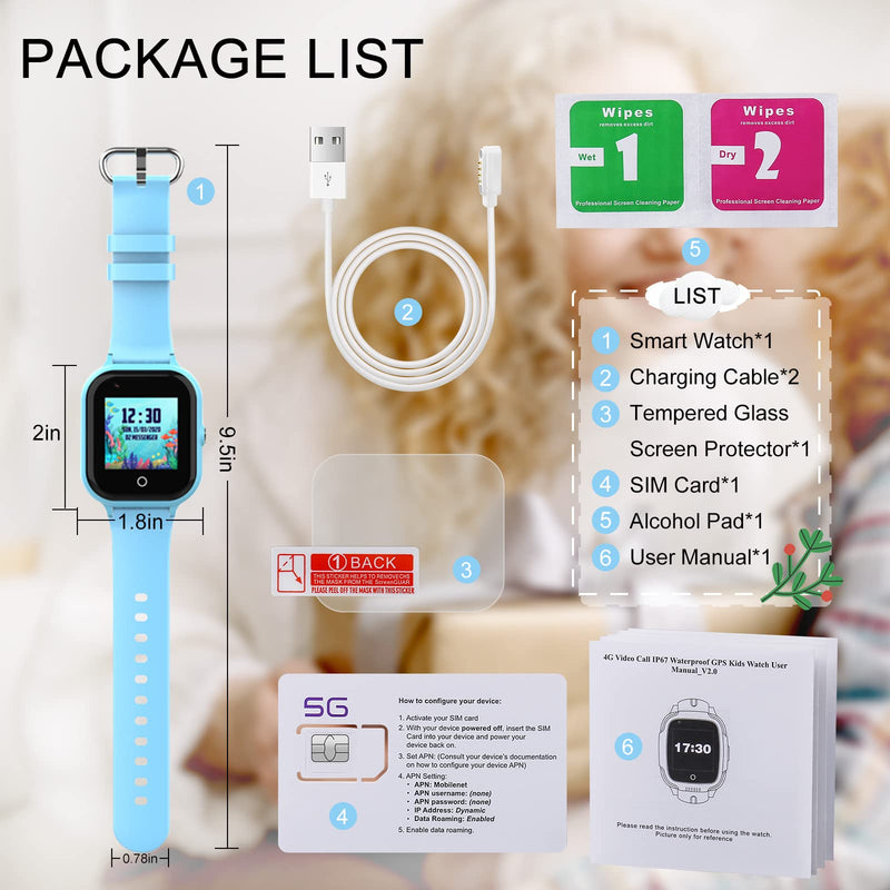wonlex Kids Smart Watch with GPS Tracker and Calling, 4G Smartwatches Girls Boys with SIM Card SOS Camera Voice Video Call School Mode for Kids Children Aged 4-12 Birthday Gifts (Blue)
