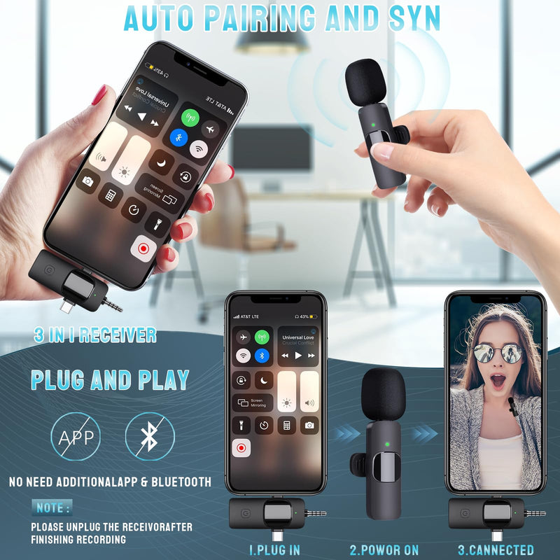 Wireless Microphone for iPhone, Android, Camera, iPad, USB C Microphone, 3 in 1 Dual Professional Wireless Lavalier Mini Microphone, Plug-Play Wireless Mic for Video Recording,YouTube,TikTok