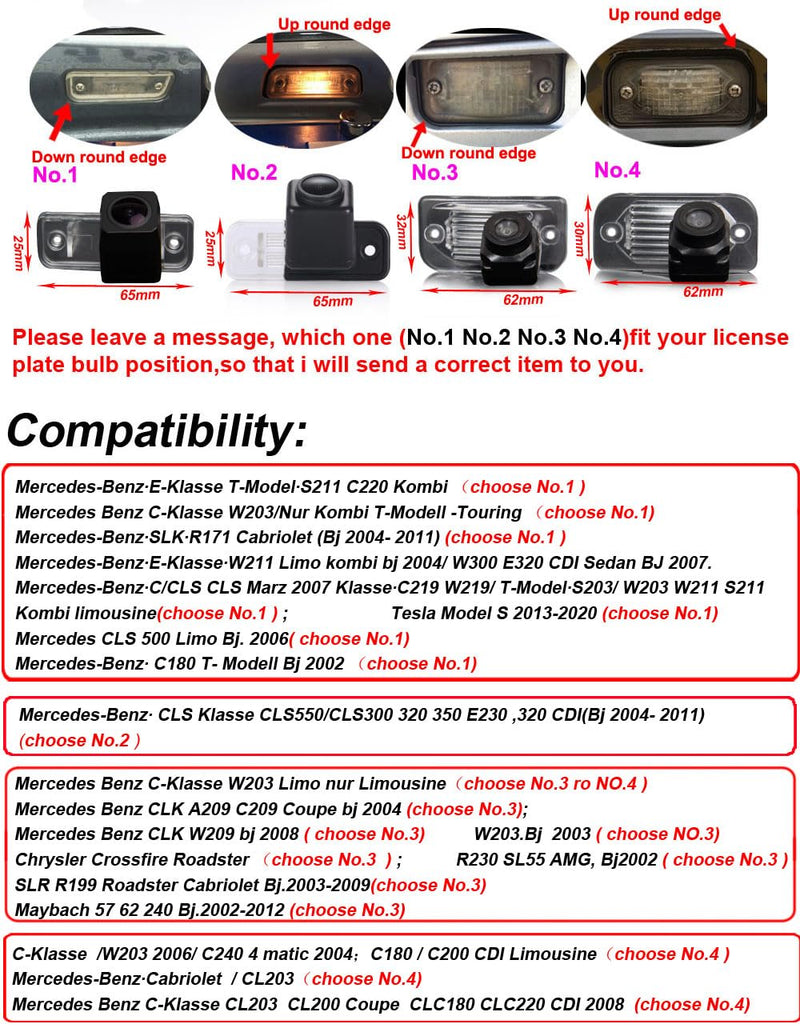 HD Rear View Backup Camera Night Vision License Plate Reversing Camera Replacement for Mercedes-Benz C/CLS Klasse C219 W219/T-model S203/W203/W211/S211 Kombi Limousine(No.1) No.1=size 25*65mm Down Round Edge