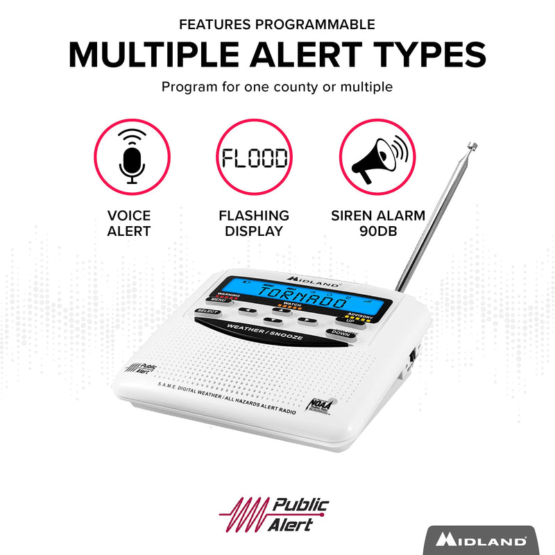 Midland - WR120B/WR120EZ - NOAA Emergency Weather Alert Radio - S.A.M.E. Localized Programming, Trilingual Display, 60+ Emergency Alerts, & Alarm Clock (WR120B - Box Packaging)
