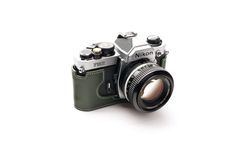 Nikon FM2 Case, BolinUS Handmade Genuine Real Leather Half Camera Case Bag Cover for Nikon FM2 FM FE FM2n FE2 With Hand Strap (Green) Green
