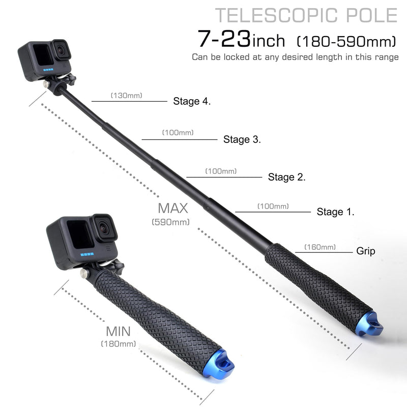 7''-23''Waterproof Pole Selfie Stick Pocket Size Underwater Handle Grip Monopod Alumium for Gopro Hero Session Max Insta360 AKASO DJI OSMO Digital Cameras 7''-23'' Stick